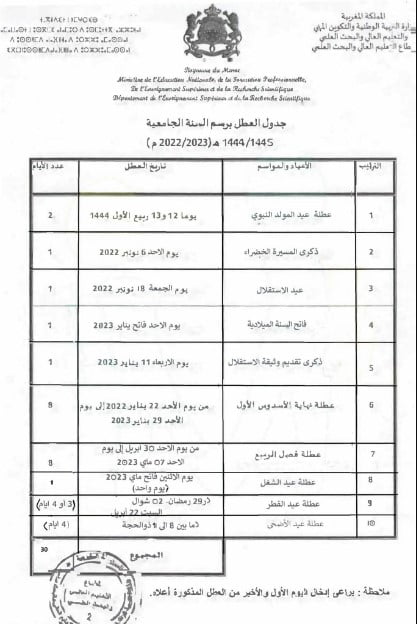 لائحة العطل الجامعية بالمغرب 2023