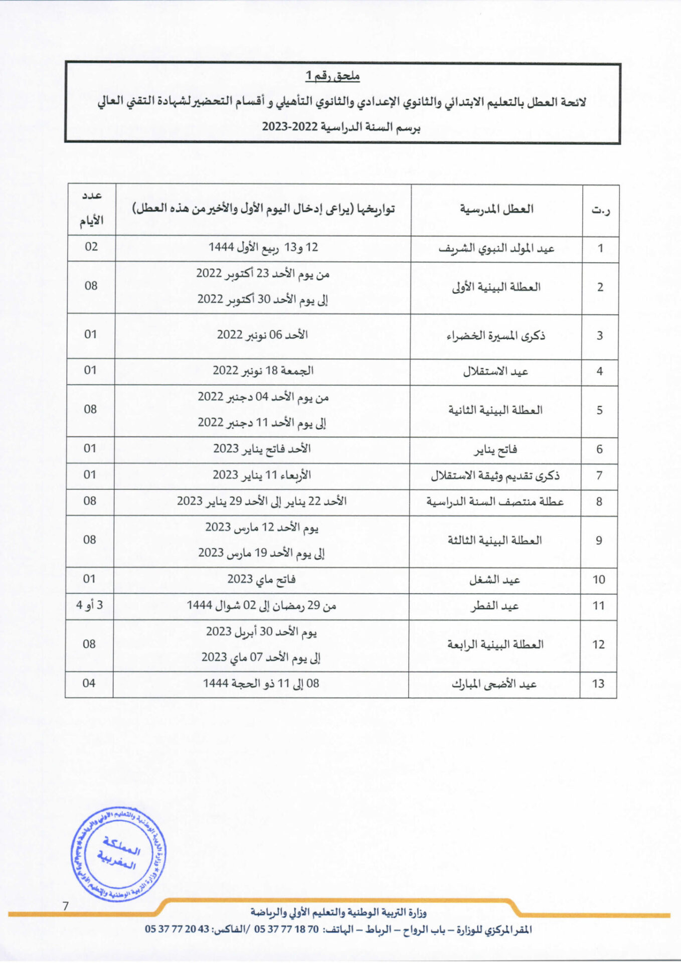 لائحة العطل المدرسية 2023 بالمغرب: الابتدائية و الاعدادية و الثانوية بالمغرب 2023 ملحق رقم 2